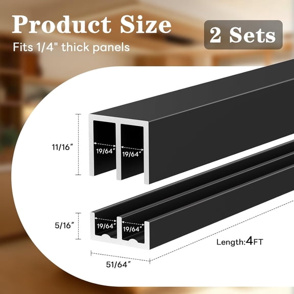 2 Sets 48 Inch Metal Sliding Door Track Kit, for 1/4 Inch Thick Panel Cabinet Glass Wardrobe Sliding Door Hardware Sliding Window Track (Black, 48 x 0.79 Inch)