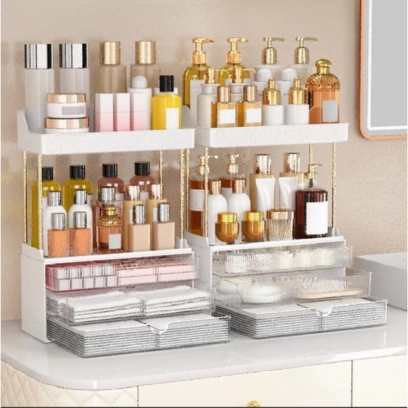 2 Sets 5 Tier Acrylic Makeup & Bathroom Vanity Organizer | 2 Set Clear, 3 drawers 2 open shelves, dustproof, wipe clean, for large skincare, perfumes, lipsticks, dresser, counter