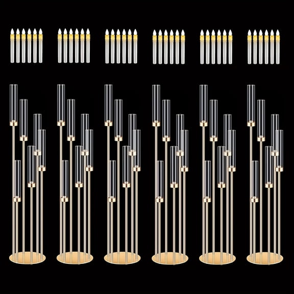 2 Sets 6-Arm 46'' Tall Golden Floor Candelabra, Metal Candle Holder with 12 LED Candles & Acrylic Lampshade, Table Centerpiece for Wedding Valentine Holiday Decor