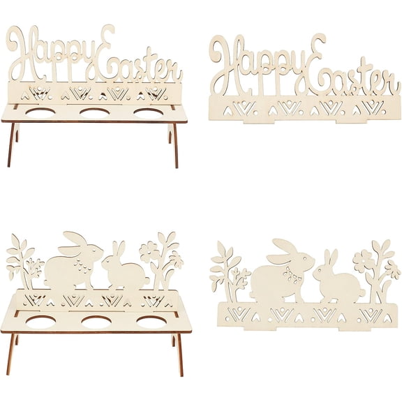 2 Sets 6-Hole Easter Egg Display Stands 2 Style Bunny Laser Cut Wood Easter Egg Shelves Happy Easter Hanging Sign for Easter Gift Home Decoration About 4x8.3x0.13in