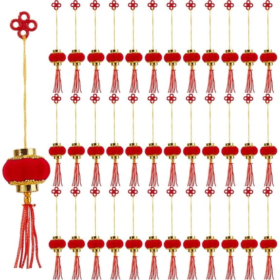 2 Sets 60Pcs Chinese New Year Decorations 31mm Red Mini Lanterns Velvet Lucky Hanging Lanterns Ornaments for New Year Wedding Party