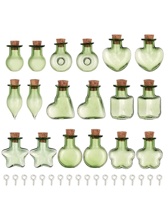 2 Sets 9 Styles Mini Glass Bottle with Cork Plug Wishing Bottle for Charms Making Star Flower Heart Mixed Shapes Dark Sea Green 28~37mm