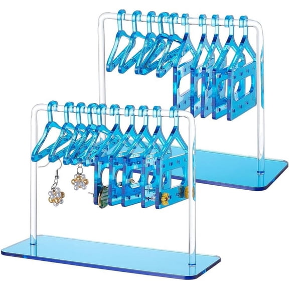 2 Sets Acrylic Earring Display Hanger Rack Coat Hanger Shaped Earring Organizer Holder with 10Pcs 2 Styles Mini Hangers Deep Sky Blue Finish Product: 6x15x10.5~11cm Hanger: 5pcs/style about 12pcs/set