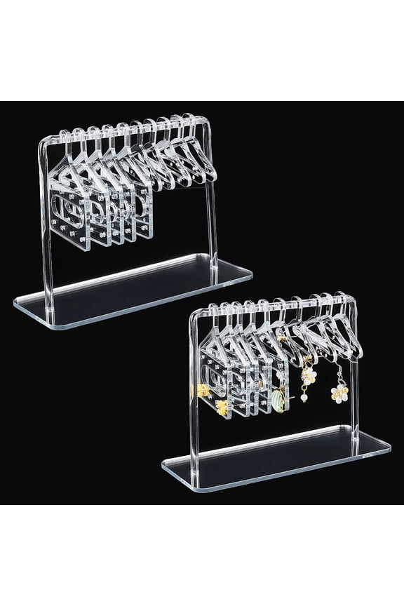 2 Sets Acrylic Earring Display Hanger Rack Coat Hanger Shaped Earring Organizer Holder with 10Pcs 2 Styles Mini Hangers Silver