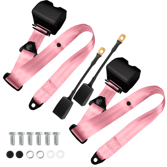 2 Pack Universal Fit Seat Belt, 3 Point Retractable Safety Belt, Adjustable Car Seatbelt Lap Shoulder, Pink