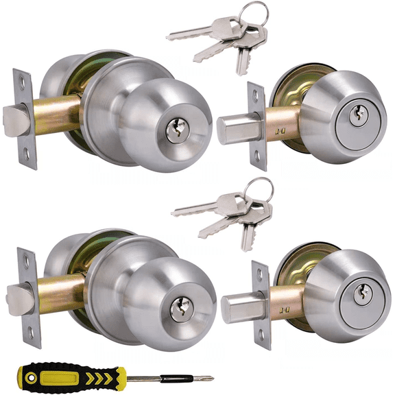 2 Sets All Keyed Same Entry Door Knob and Single Cylinder Deadbolt Combo Set, Round Ball Satin Nickel Exterior Door Knobs with Lock and Keys for Entrance and Front Door