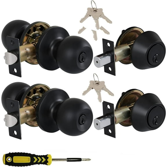 (2 Sets) All Keyed Same Entry Knobs&Single Cylinder Deadbolt for Exterior Front Doors, Matte Black Finish Entry Door Lock with Same Keys