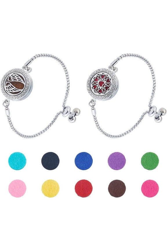 2 Sets Aromatherapy Essential Oil Diffuser Bracelet 316 Stainless Steel Slider Bracelet 9.61 Inches Aromatherapy Locket Adjustable Bracelet with 20pcs Refill Pads for Women for DIY