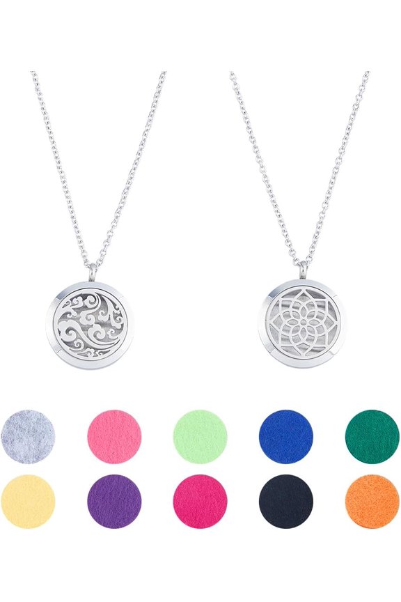 2 Sets Aromatherapy Locket Pendant Necklace 24 Inch Adjustable Chain Lotus and Floating Cloud Essential Oil Diffuser Necklace Stainless Steel Locket