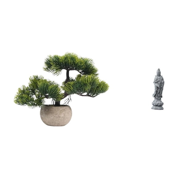 2 Sets Artificial Bonsai Tree Guan Yin Statue Fake Plant PP Foam Pulp Pot Spiritual Gift for Indoor Desktop Living Area