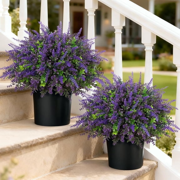 2 Sets Artificial Eucalyptus & Lavender Topiary Trees for Front Door - Faux Lavender Potted Topiary Trees, UV Resistant Fake Outdoor Plants for Farmhouse Porch Garden Decor