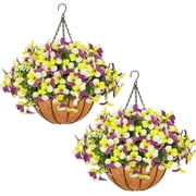 2 Sets Artificial Hanging Pansy Flowers with Baskets, 20 Pcs UV Resistant Faux Silk Pansy Outdoor Hanging Flower for Porch Patio Garden Home Spring Decor 2, White,Yellow,Purple