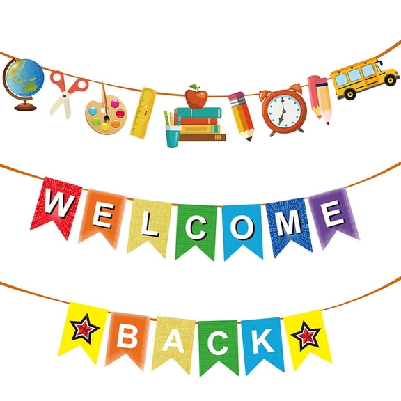 2 Sets Back to School Banner Decorations Welcome First Day of School Sign Strings Stationery Bunting Garland Bulletin Pencil Hanging Flag Backdrop
