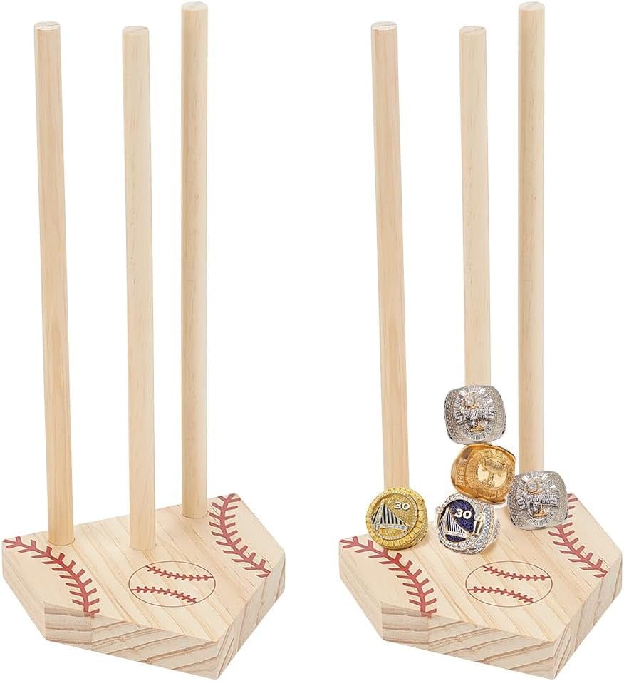 2 Sets Baseball Ring Display Stand Wooden Baseball Ring Display Organizer Championship Ring Holder Wooden Softball Ring Holder Baseball Gifts Sports