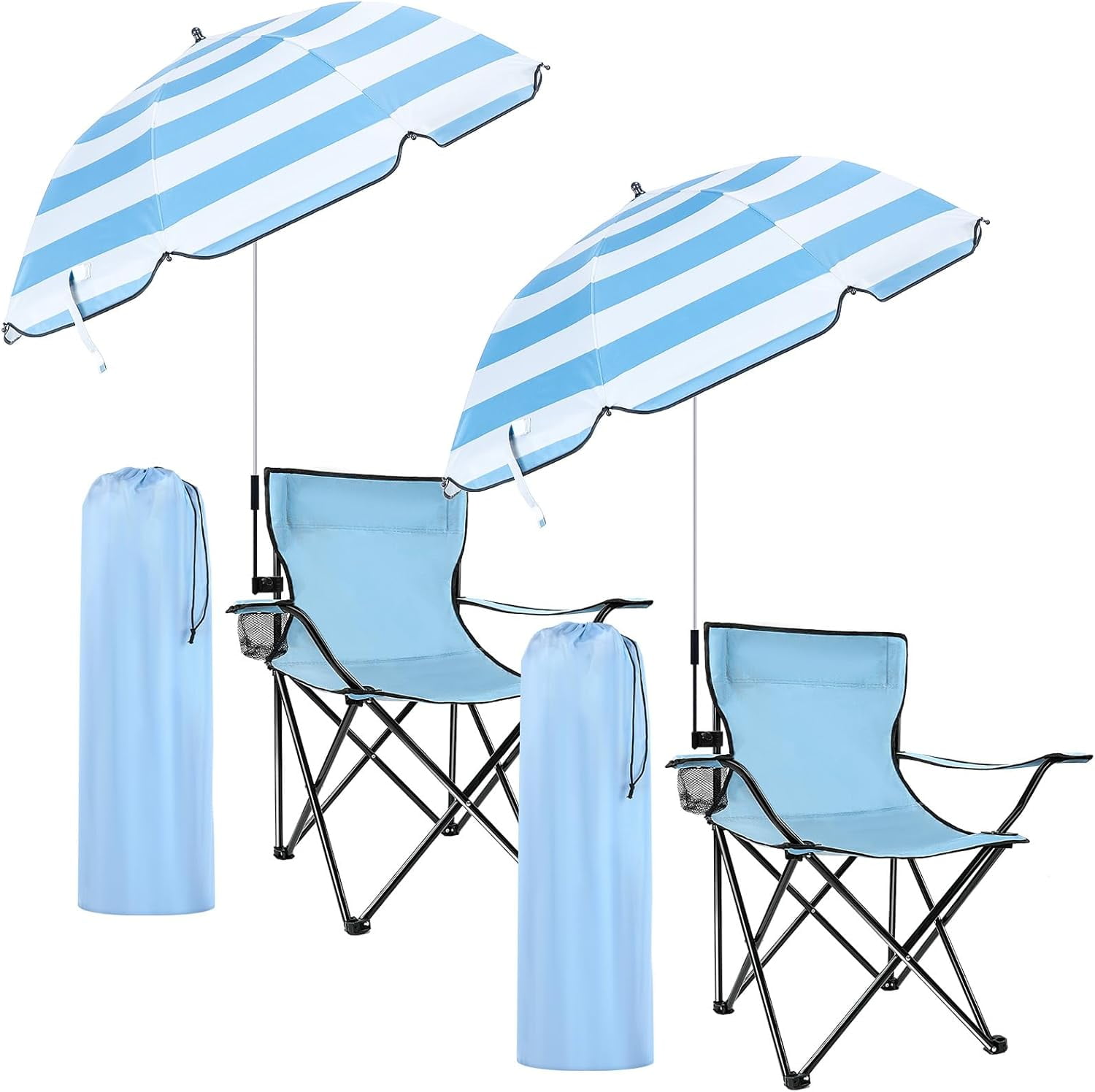 2 Sets Beach Chair with UPF 50+ and Umbrella with Universal Clamp ...