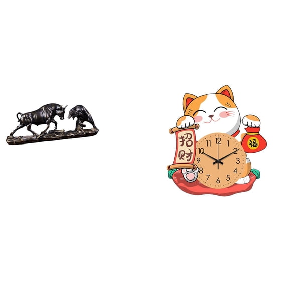 2 Sets Bull Sculpture Resin Desktop Statue Cat Wall Clock Silent Non Ticking for Study Bedroom Kitchen Collectors