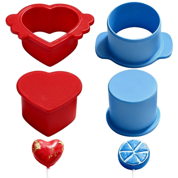 2 Sets Cake Pop Cutter Molds, Round 2 in/5 cm and Heart-Shaped 2.5 in/6.35 cm Cookie Cake Pop Molds Shapes, Plastic Cake Pop Press Set for Baking, Blue, Red