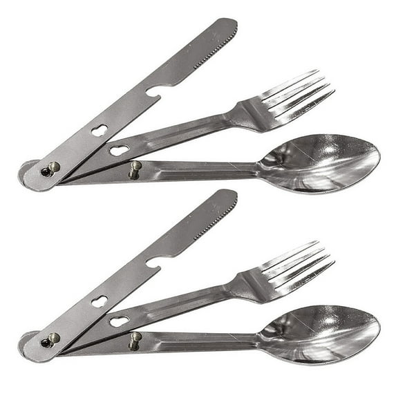 2 Sets Camping Cutlery 4 in 1 Eating Utensils Fork Knife Spoon Stainless Steel