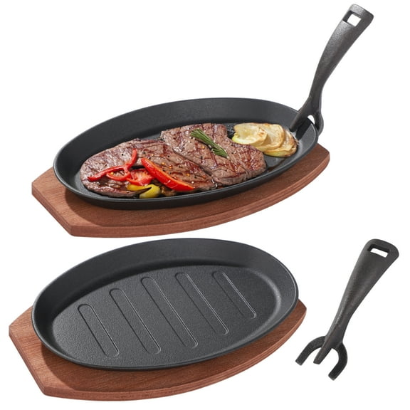 2 Sets Cast Iron Skillet with Wooden Tray, Fajita Skillet with Removable Handle, Oval Sizzling Plate for BBQ, Oven, Stove, Serving Dish for Restaurant, Kitchen, Party Use