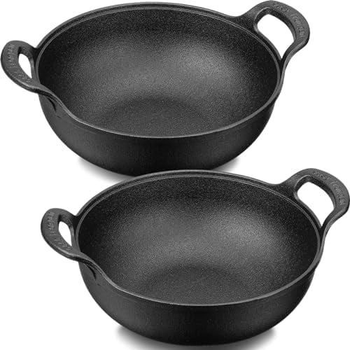 2 Sets Cast Iron Wok with Loop Handle 10 Inch Mini Wok Nonstick Coated Flat Bottom Stir Fry Pans Pre Seasoned No Chemical Grilling Suitable for Induction Electric Gas All Stoves, Black