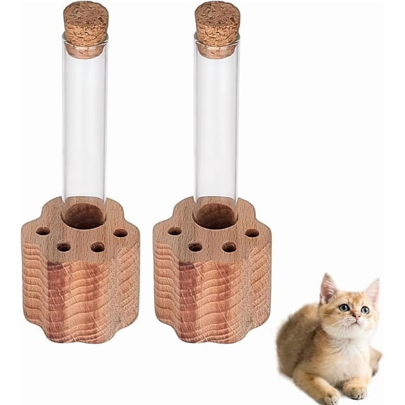 2 Sets Cat Whisker Holder Mini Glass Whiskers Jar with Paw-Shaped Wood Base Transparent Pet Hair Whisker Vase Memorial Jar Containers for Cat Dog Whiskers Collection Pet Lovers Gift 4" Beige
