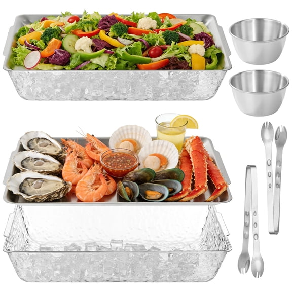 2 Sets Chilled Serving Tray for Patries, 15.7 x 9.7 in Plastic Ice Tub with Stainless Steel Food Tray Inserts Tongs, Party Cold Serving Platter for Cold Dish Dip Charcuterie Fruit Seafood Dessert