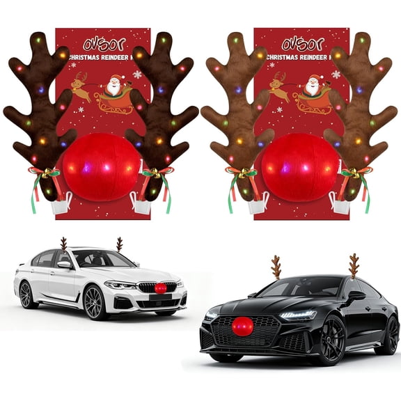 2 Sets Christmas Reindeer Car Kit - Antlers & Nose for Car Decorations, Sturdy Rudolph Reindeer with LED, Jingle Bells, Christmas Reindeer Kits for Any Vehicle Decorations (Brown, Black-Brown)