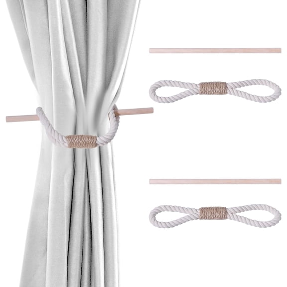 2 Sets Curtain Ties for Drapes Boho Rustic Style Decorative Drape Tie Backs Farmhouse Hand-Woven Rope Curtain Holdbacks with Wood Club for Home Office Drapery White