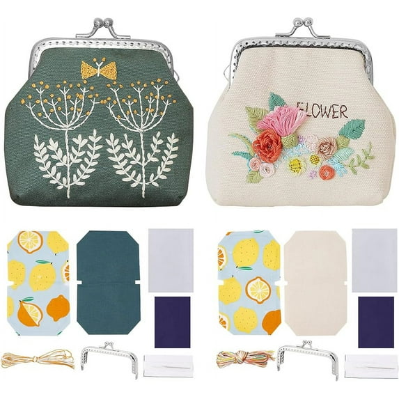 2 Sets DIY Coin Purse Embroidery Making Kit Embroidery Kiss Clasp Pouch Sewing Material Handmade Cross Stitch Needlepoint Kit Change Purse Making All Supplies 3.5x3.1 Inch