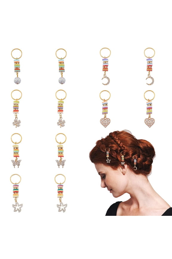 2 Sets DIY Hair Accessories Set Alloy Rhinestone Pendants and Iron Jump Ring and Handmade Polymer Clay Beads for Hair Styling Mixed Shaped Golden 53~58mm 1pc/style