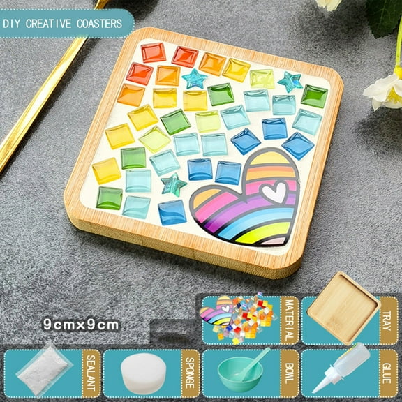 2 Sets DIY Mosaic Tile Craft Kit - Mixed Color Glass Tiles with 2 Wooden Coasters for Adults, Complete Starter Set for Handmade Home Decor & Creative Gift Making