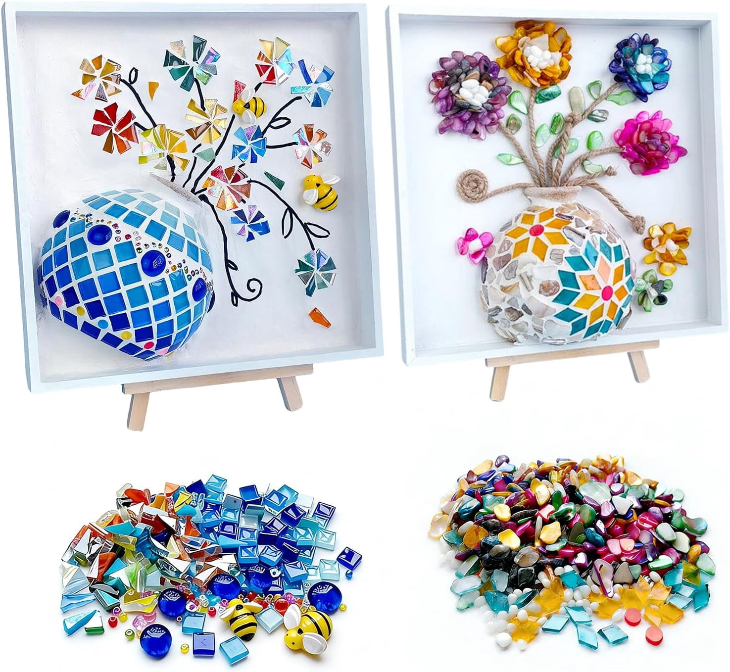 2 Sets DIY Mosaic Vase Painting Kit with Cream Glue – Handmade Artwork for Adults, Complete Arts and Craft Kits for Home Decoration & Gift Making (2, Blue&Yellow)