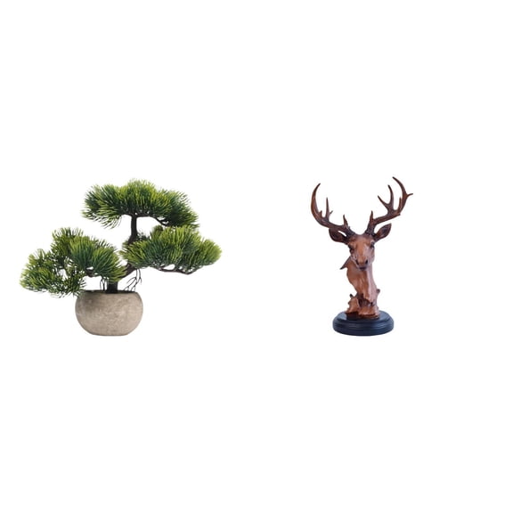 2 Sets Deer Head Figurine Artificial Bonsai Tree Faux Plant Resin Statue Table Centerpiece for Home Office Decor