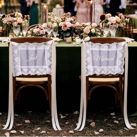 2 Sets Dusty Pink Sheer Lace Wedding Chair Signs with Ribbons Just Married Sheer Tulle Covers Vintage Chairs Back Decoration for Bridal Shower Engagement Party Rustic Wedding Ceremony(RL)