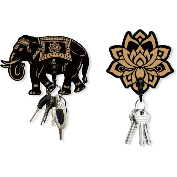 2 Sets Elephant and Lotus Key Holder Wall Mounted Wooden Elephant Wall Hooks Key Holder for Wall Key Organizer Lotus Decor Hanger for Room Wooden Hooks for Keys Home Decor with Hook