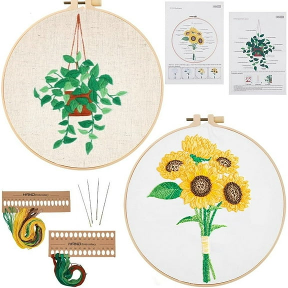 2 Sets Embroidery Kits Linen Thread Imitation Bamboo Hoop Needles Needlepoint Flower Leaf Pattern Arts Handy Sewing Set Starter Kits for Crafting Embroidery Beginners Women Adults colorful DIY