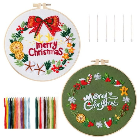 2 Sets Embroidery Starter Kit with Christmas Pattern,Cross Stitch Set for Beginners, Full Range of Stamped Embroidery Kits with 2 Embroidery Pattern, Embroidery Hoops and Color Threads
