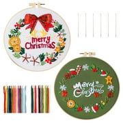 2 Sets Embroidery Starter Kit with Christmas Pattern,Cross Stitch Set for Beginners, Full Range of Stamped Embroidery Kits with 2 Embroidery Pattern, Embroidery Hoops and Color Threads
