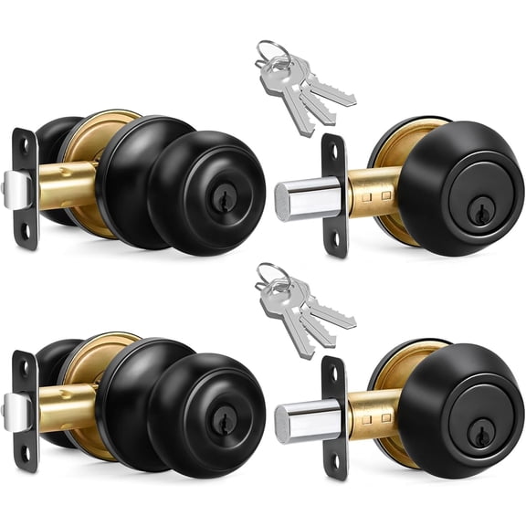 2 Sets Entry Door Knob and Single Cylinder Deadbolt Combo Set, Keyed Alike Round Ball Matte Black Exterior Door Knobs with Lock and Keys for Entrance and Front Door