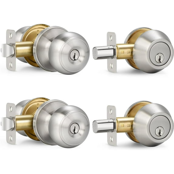 2 Sets Entry Door Knob and Single Cylinder Deadbolt Combo Set, Keyed Alike Round Ball Satin Nickel Exterior Door Knobs with Lock and Keys for Entrance and Front Door