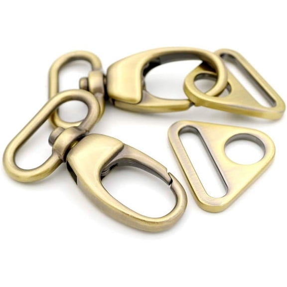 2 Sets Fat Swivel Snap Hook with Triangle Rings Push Gate Lobster Claw Clasp for Purse Bags Sewing Accessories (1 1/4 Inches, Brushed Brass)
