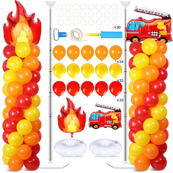 2 Sets Fire Party Balloon Column Stand Kit With 102 Fire Truck Foil Balloons 5.57Ft Adjustable Balloon Tower Stand With Base Adjustable Arch Column for Firefighter Rescue Birthday Party Supplies A101