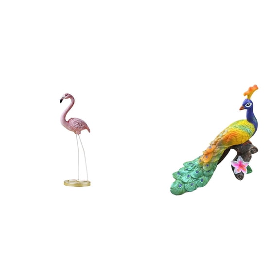 2 Sets Flamingo Resin Sculpture Peacock Statue Bird Ornament Unique Hand Painted Resin for Backyard Office Entryway