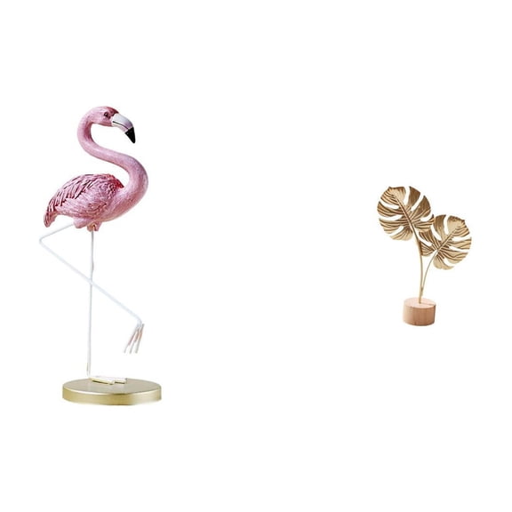 2 Sets Flamingo Sculpture Resin Bird Ornament Leaf Statue Unique Art Design for Bedroom Living Room Garden