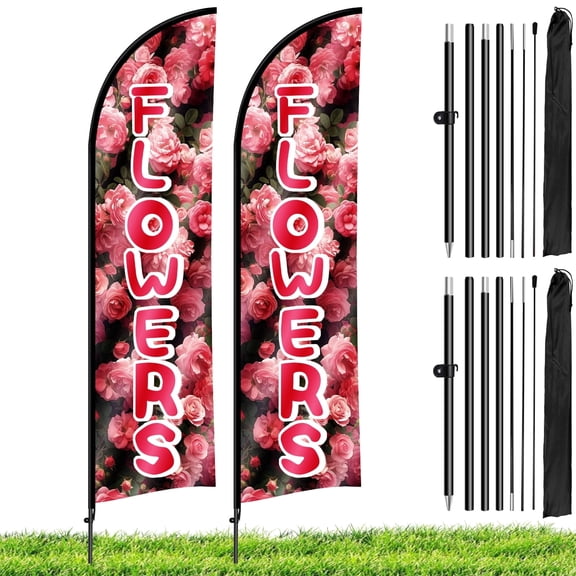 2 Sets Flowers Feather Flag with Pole Kit, 8.2FT Swooper Advertising Flag for Flower Shops, Stores and Event Planning