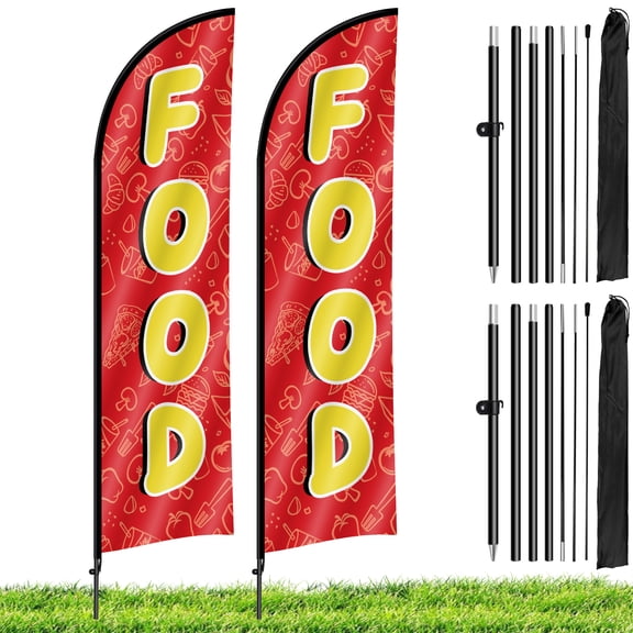 2 Sets Food Feather Flag with Pole Kit, 8.2FT Outdoor Advertising Banner for Food Trucks Restaurant Business Promotion (Red)