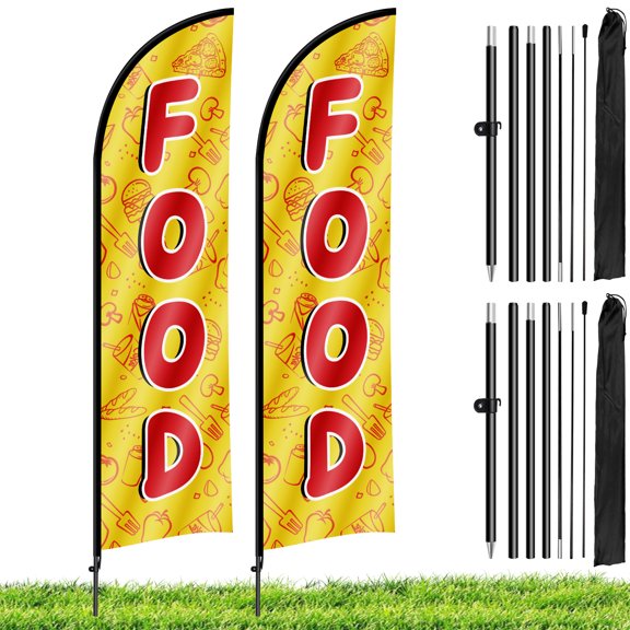 2 Sets Food Feather Flag with Pole Kit, 8.2FT Outdoor Advertising Banner for Food Trucks Restaurant Business Promotion (Yellow)