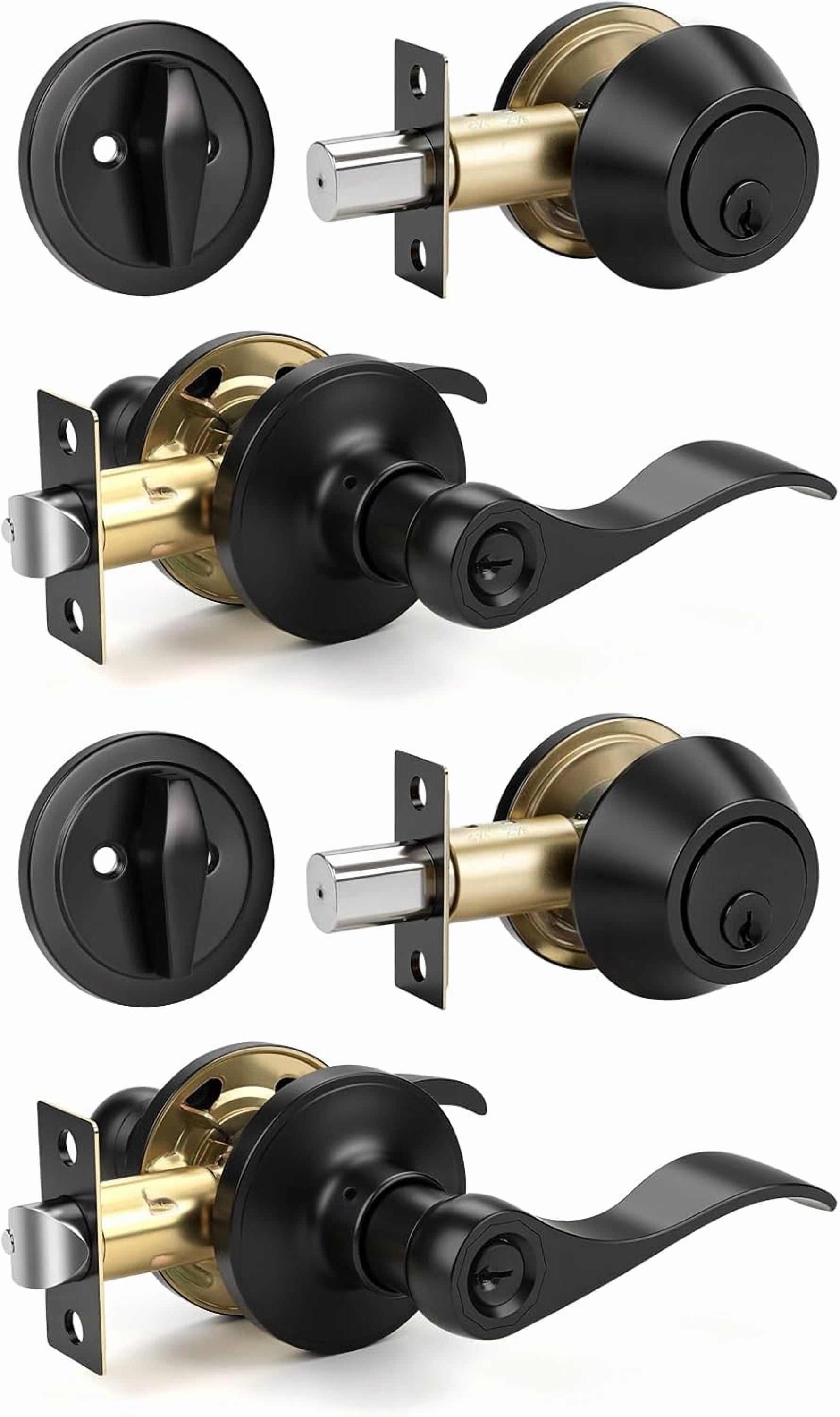 2 Sets of Front Exterior Door Knob Set with Single Cylinder Deadbolts in Matte Blac Finish, All Keyed Same Combo Pack, Wave Style Entry Door Lever Locks with Combinations