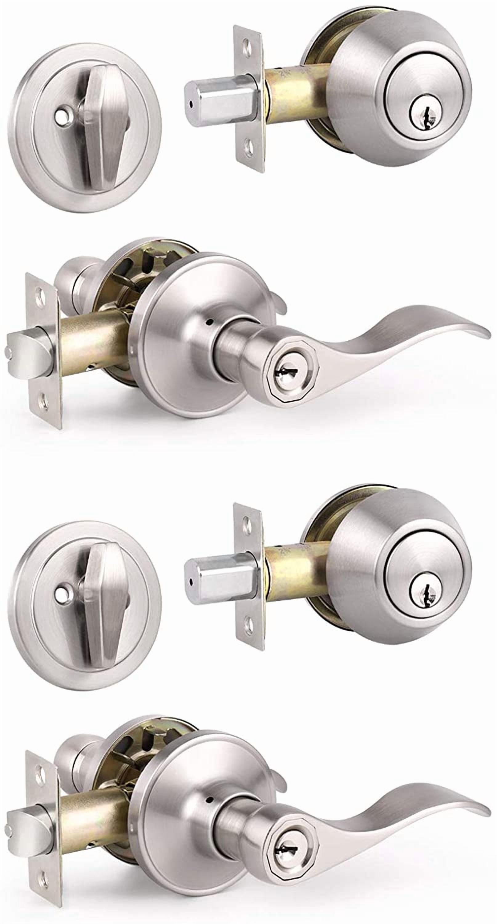 2 Sets of Front Exterior Door Knob Set with Single Cylinder Deadbolts in Satin Nickel Finish, All Keyed Same Combo Pack, Wave Style Entry Door Lever Locks with Combinations