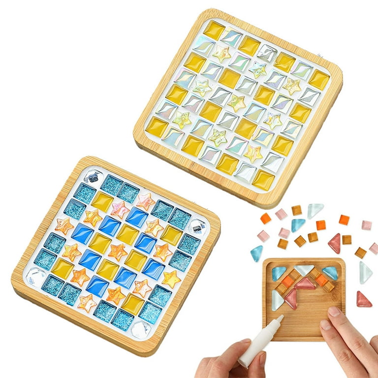 2 Sets Glass Mosaic Tiles, Mosaic Kit with Wooden Coaster, Mixed
